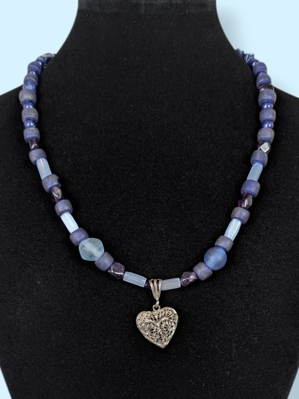 Purple Glass & Sterling Filigree Heart Pendant Necklace